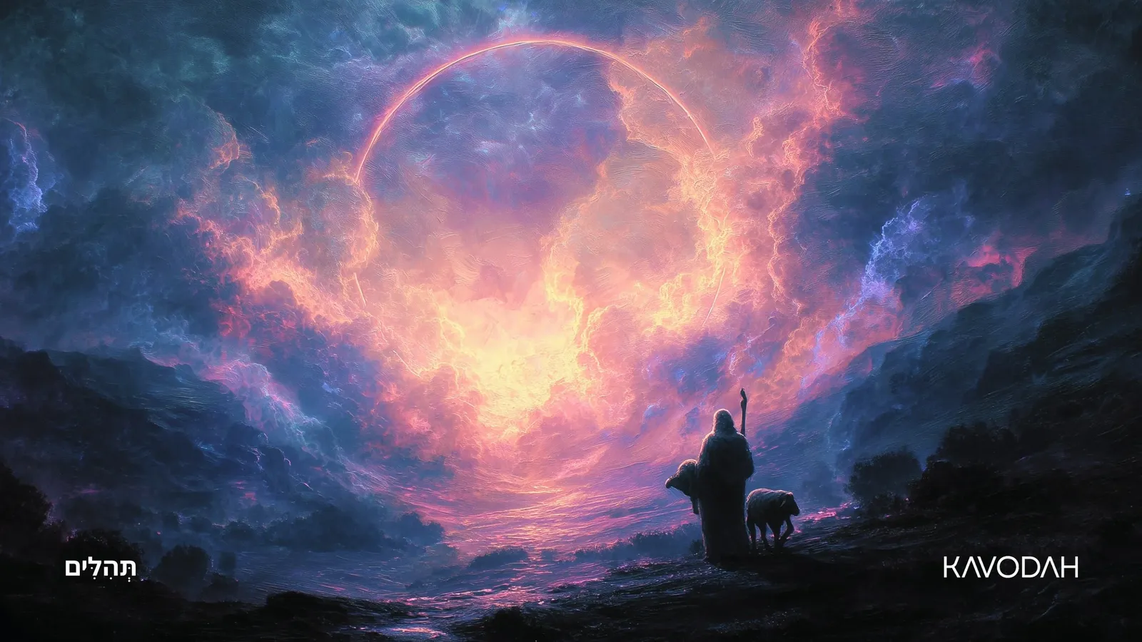Image of a fantasy scene with shepherd holding a sheep facing a huge orb of light and clouds
